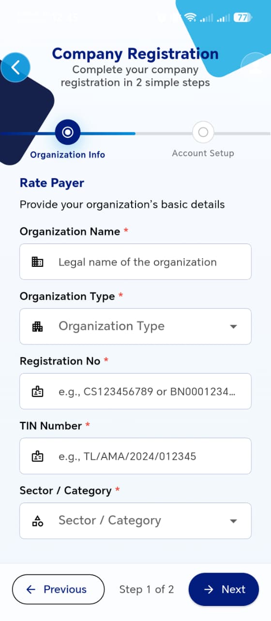 Company Registration - Organization Info